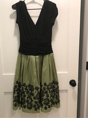 Elegant Black & Olive Green Floral Skirt Cocktail Dress